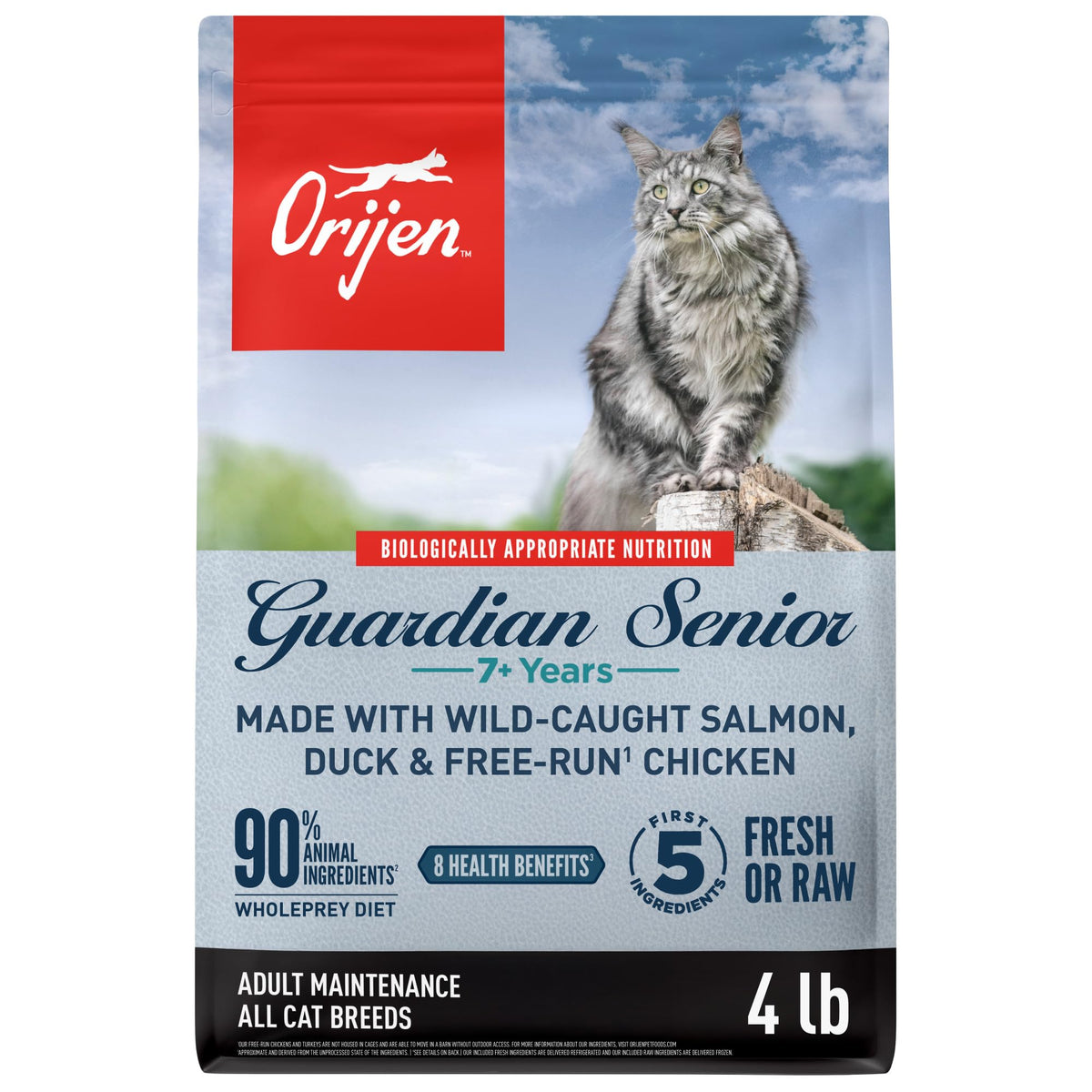 ORIJEN front of bag showing formula name and 4 lb size, clear product identification benefit