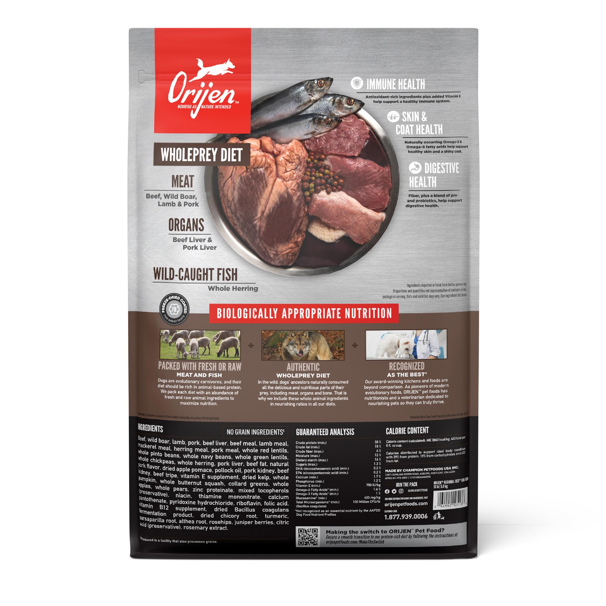ORIJEN close-up of kibble texture highlighting high-protein ingredients