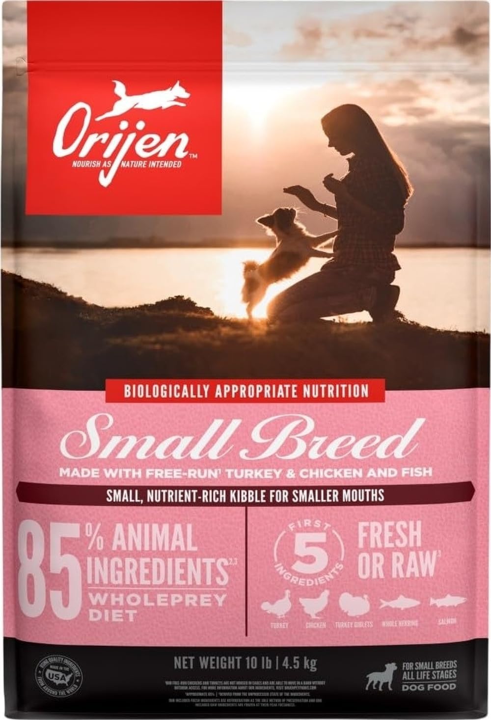 ORIJEN front of bag showing brand and small-breed benefits