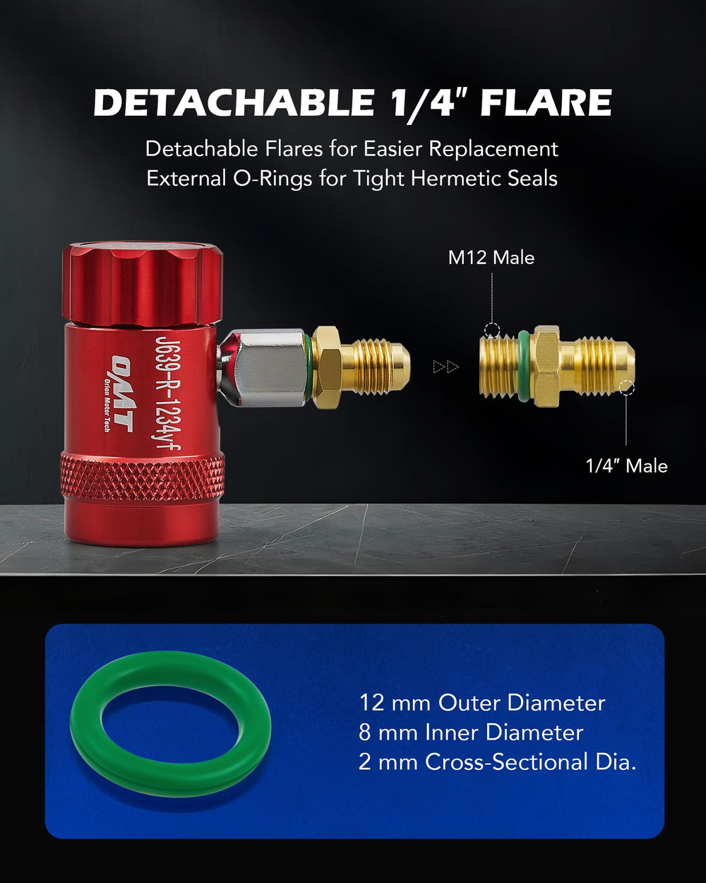 Orion Motor Tech detachable flare fitting removed showing replaceable hose connection