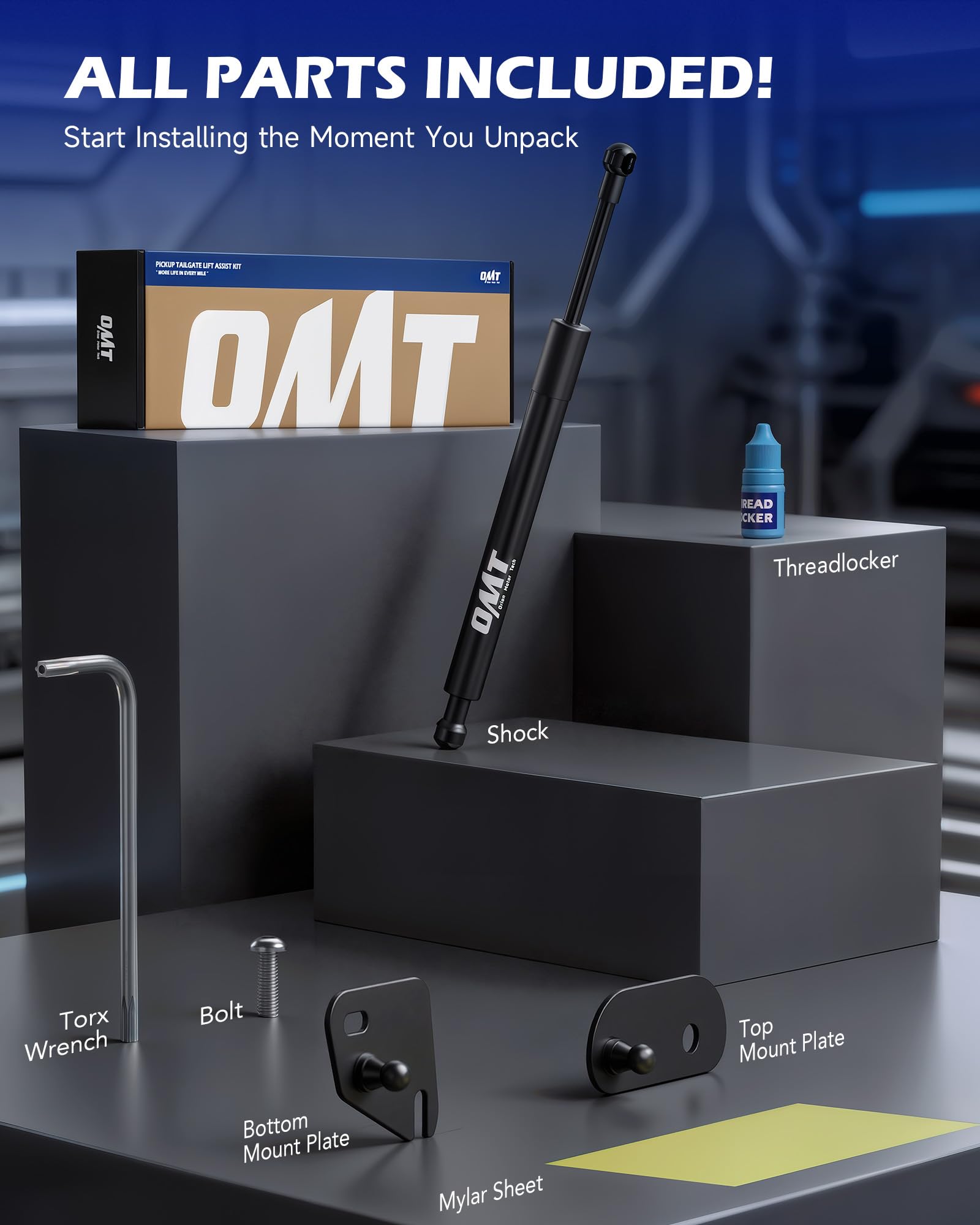 Orion Motor Tech tailgate assist on truck in daylight showing durable corrosion-resistant finish benefit