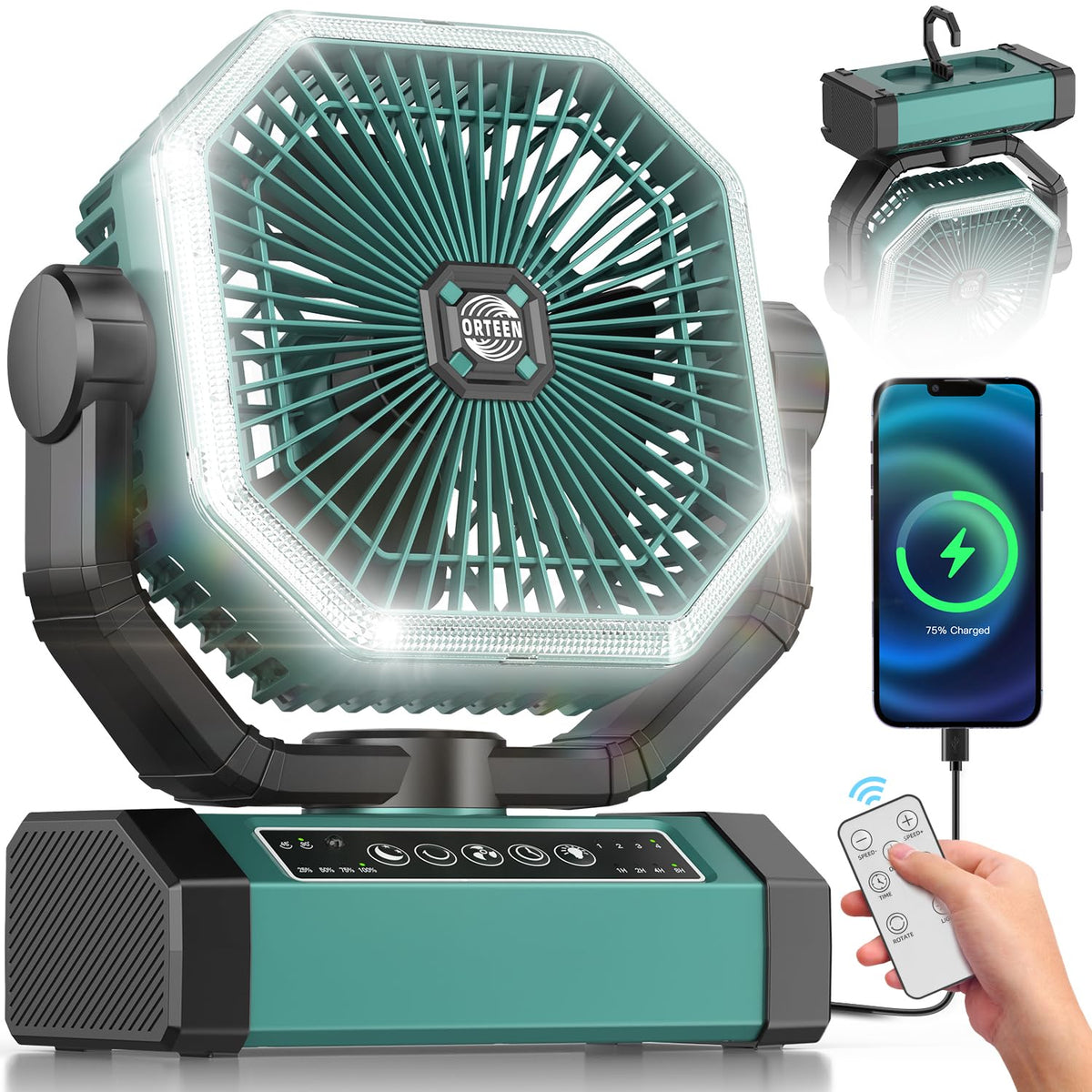 Orteen front view of fan showing compact design and stable base for portability