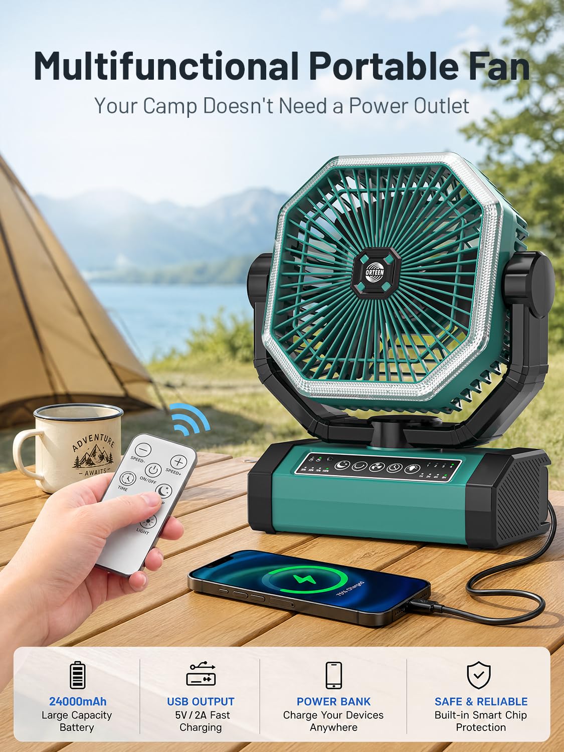 Orteen hanging with 360° hook inside tent providing overhead airflow and illumination