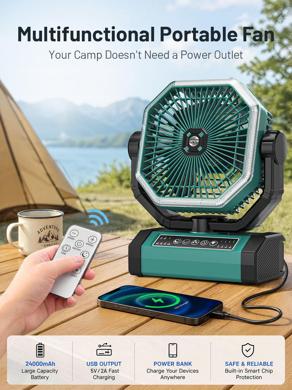 Orteen hanging with 360° hook inside tent providing overhead airflow and illumination
