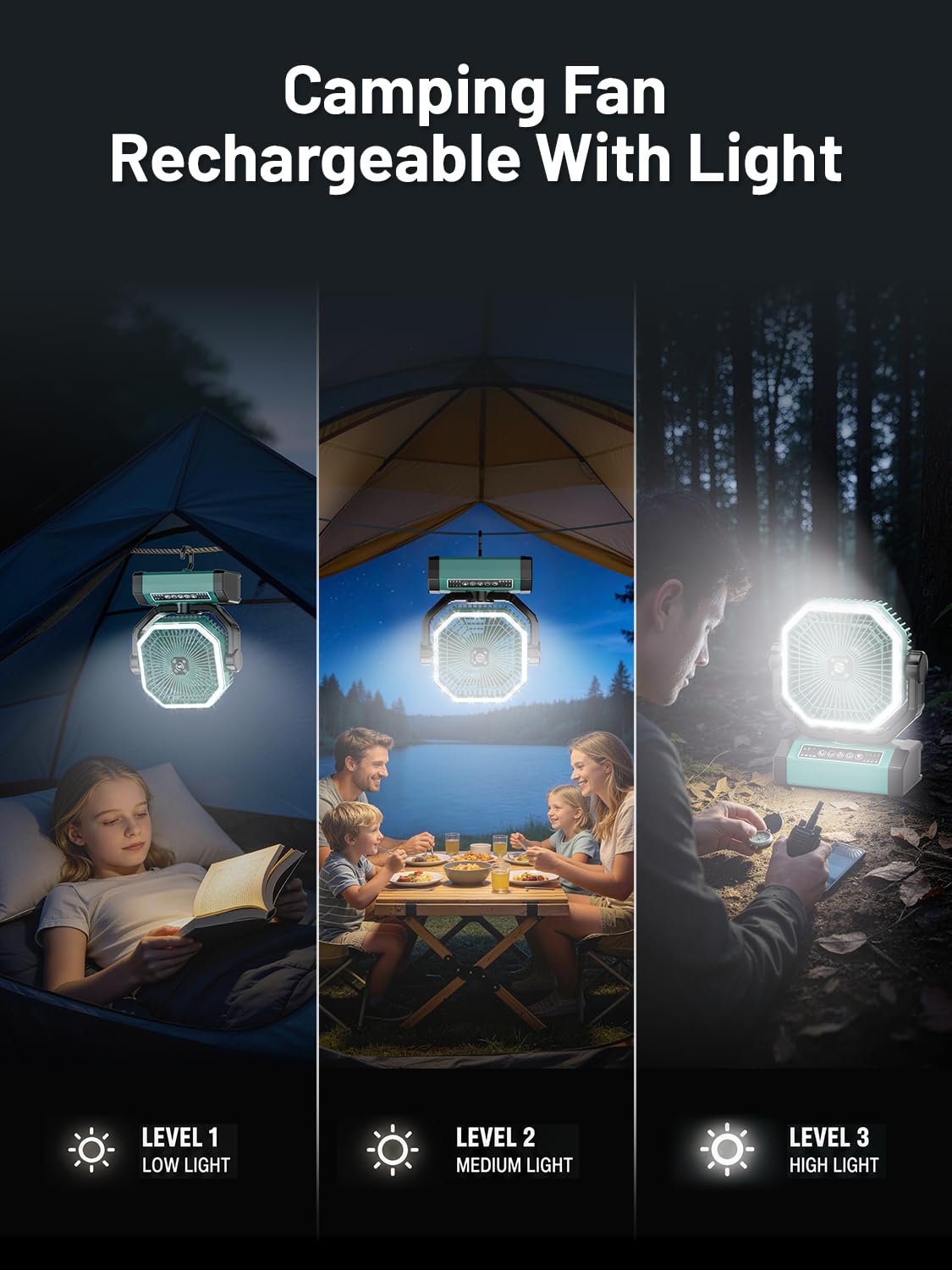 Orteen positioned on a camping table cooling a small group and powering devices