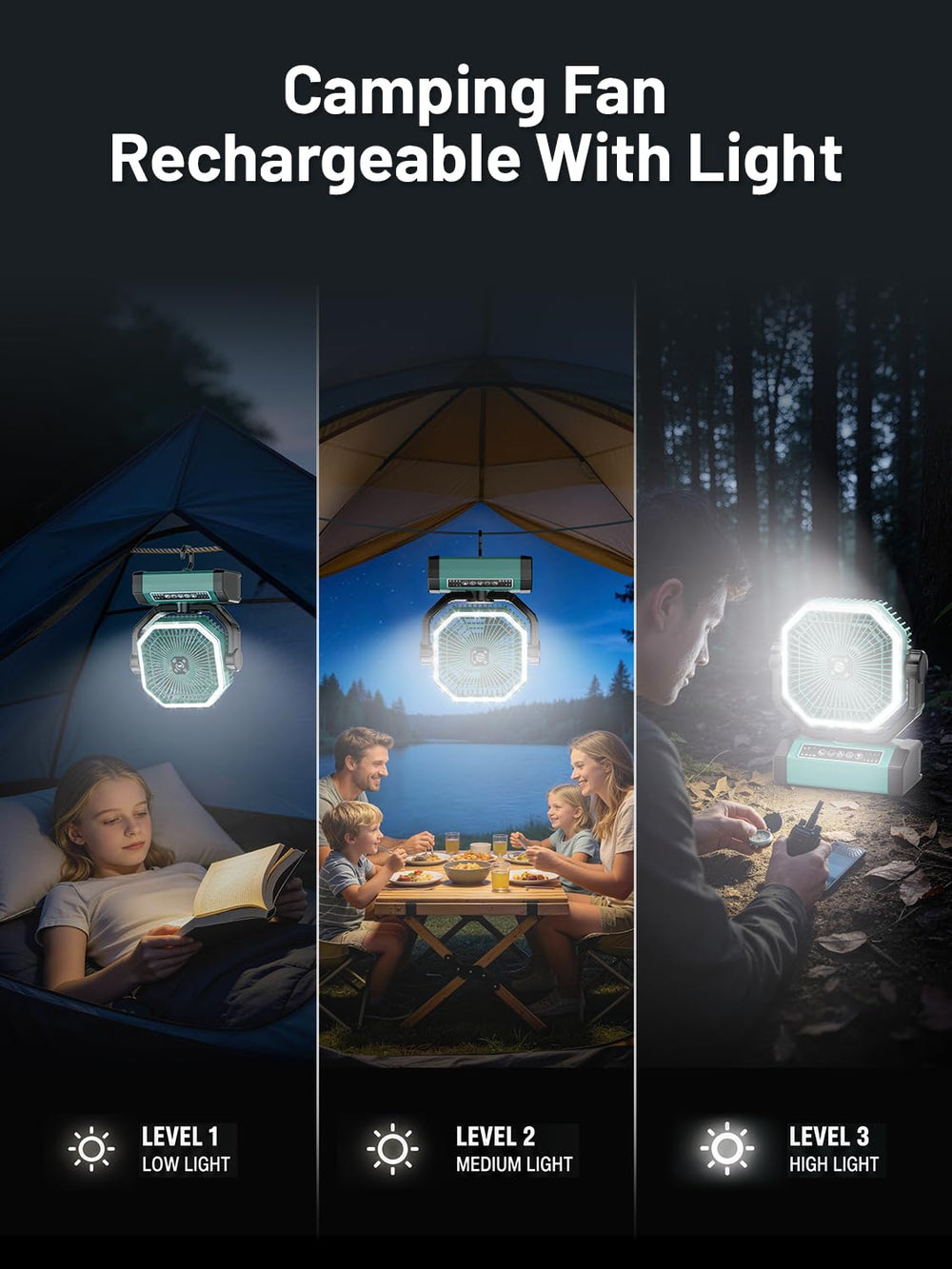 Orteen positioned on a camping table cooling a small group and powering devices