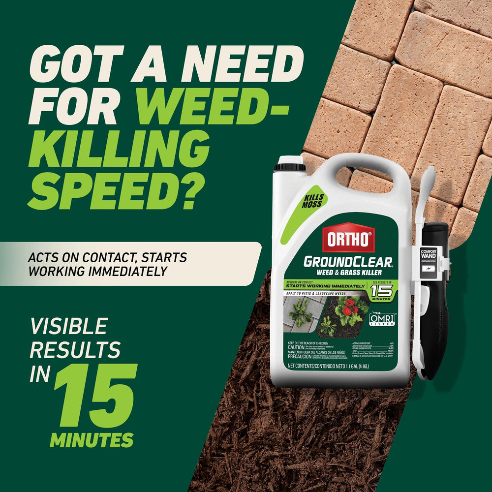 Ortho spray hitting a walkway crack showing targeted weed control benefit