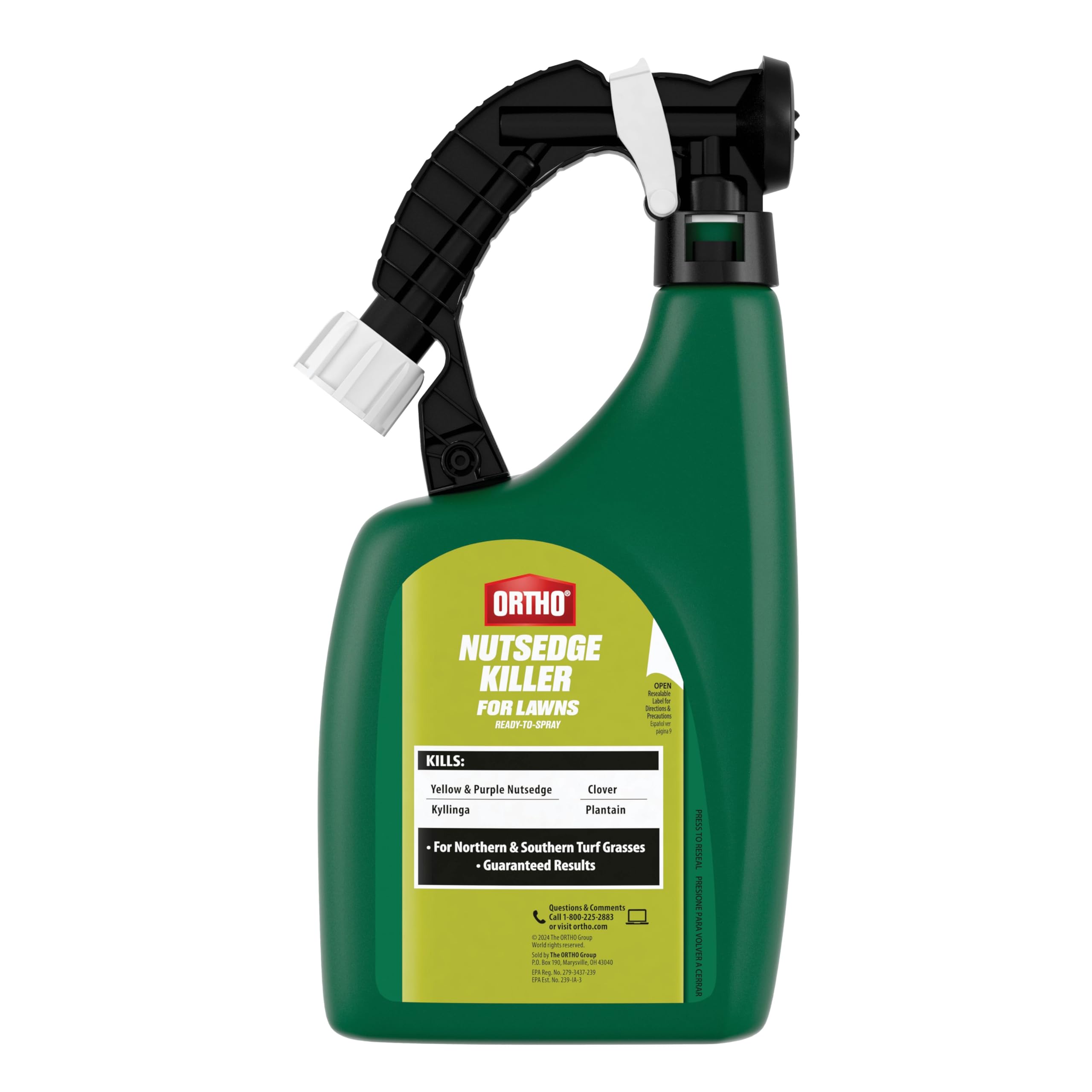 Ortho packaging back panel features listing targeted weeds and coverage benefit