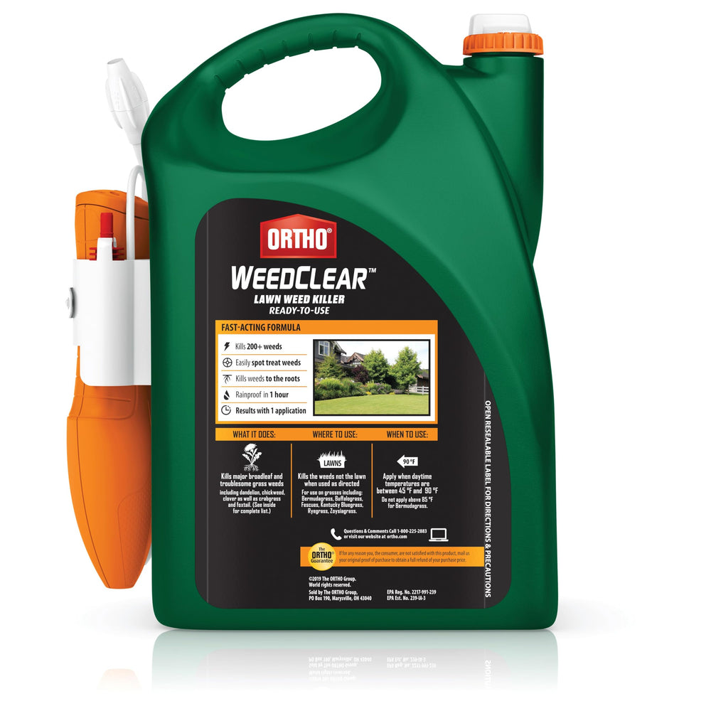 Ortho WeedClear bottle with visible battery compartment emphasizing powered wand convenience