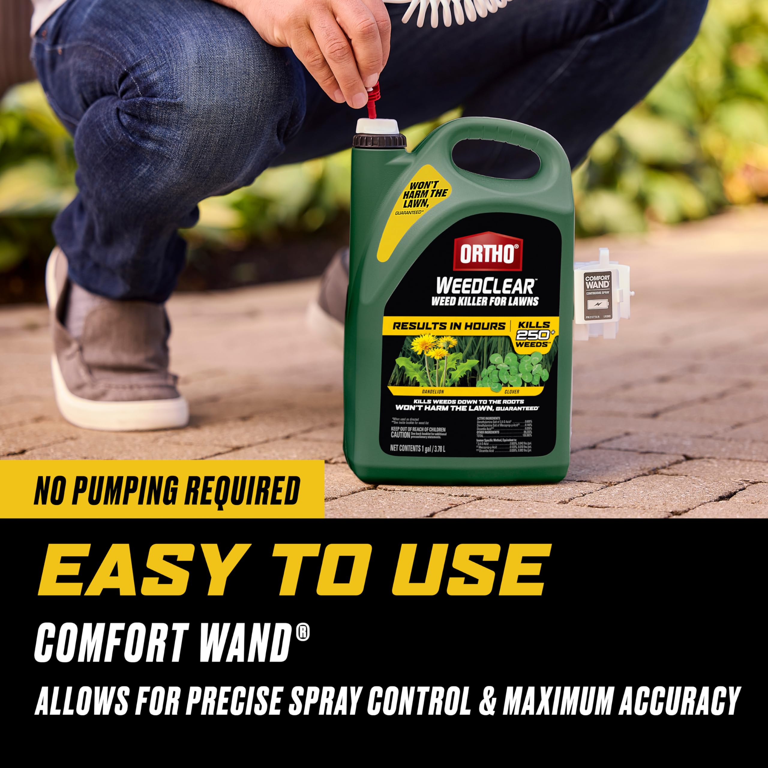 Ortho WeedClear in use spot treating a dandelion for fast control