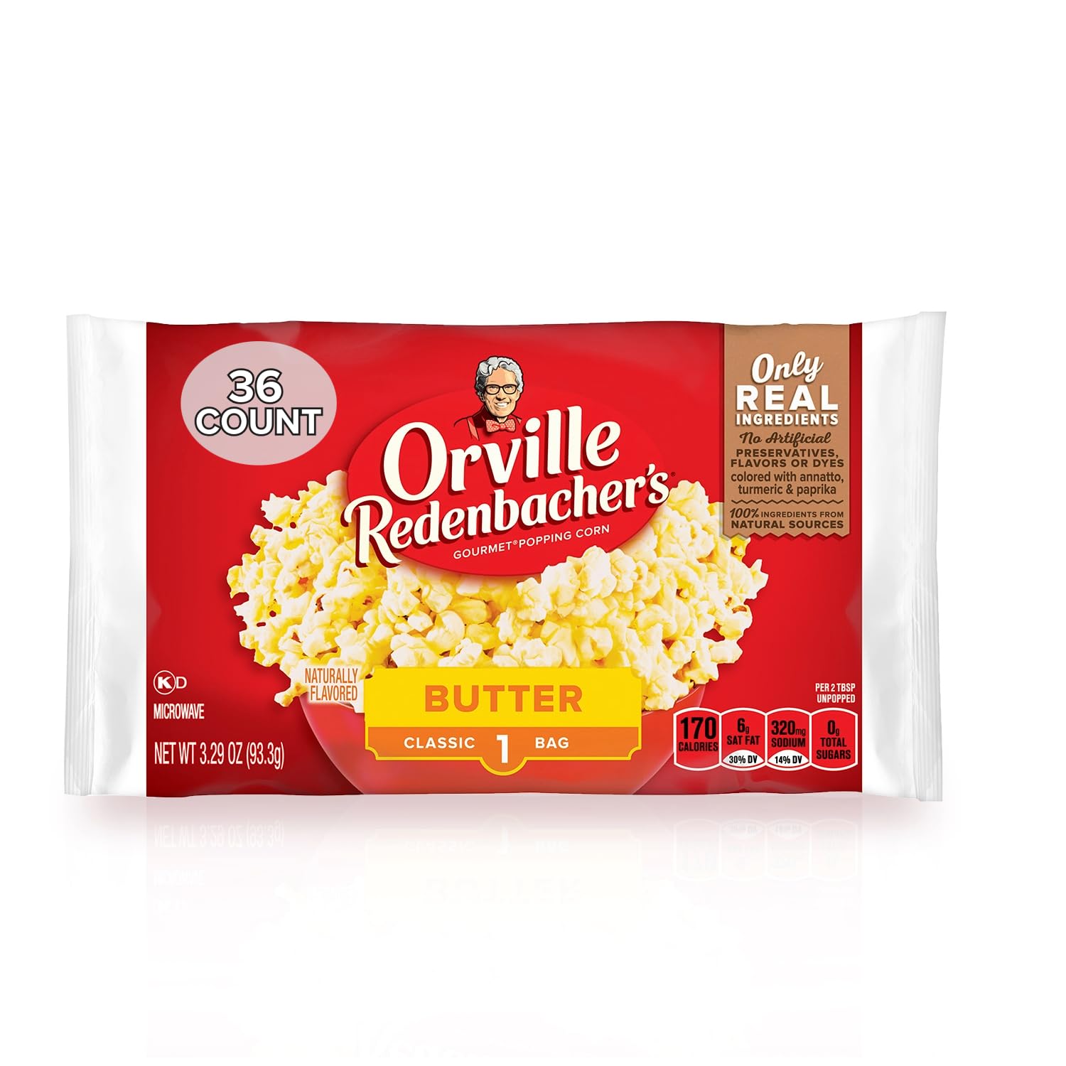 Orville Redenbacher's front package view showing 36-count box and convenience