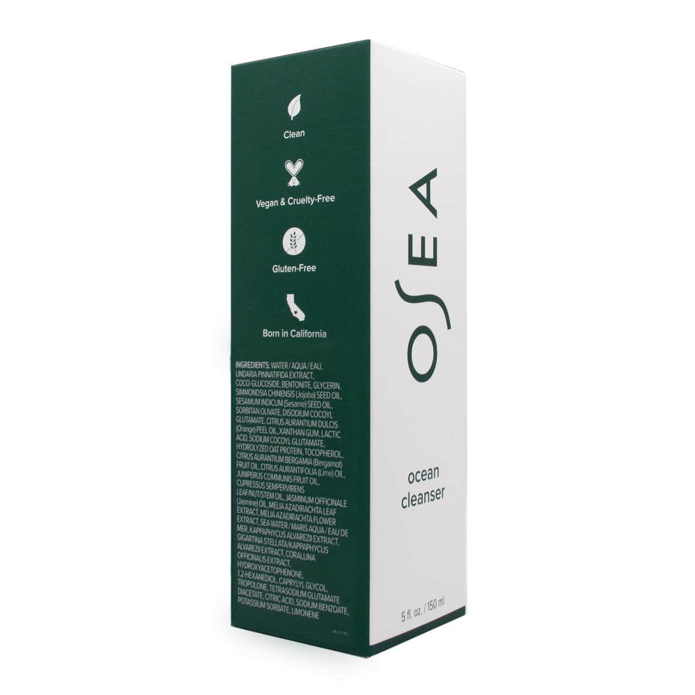 OSEA bottle on bathroom vanity conveying clean-beauty routine benefit