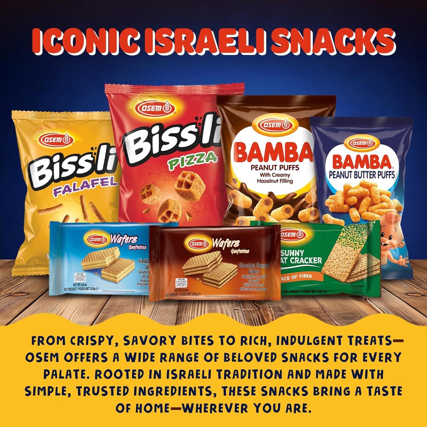 Osem Bamba snack bags packed in a backpack illustrating travel-ready convenience and freshness benefit