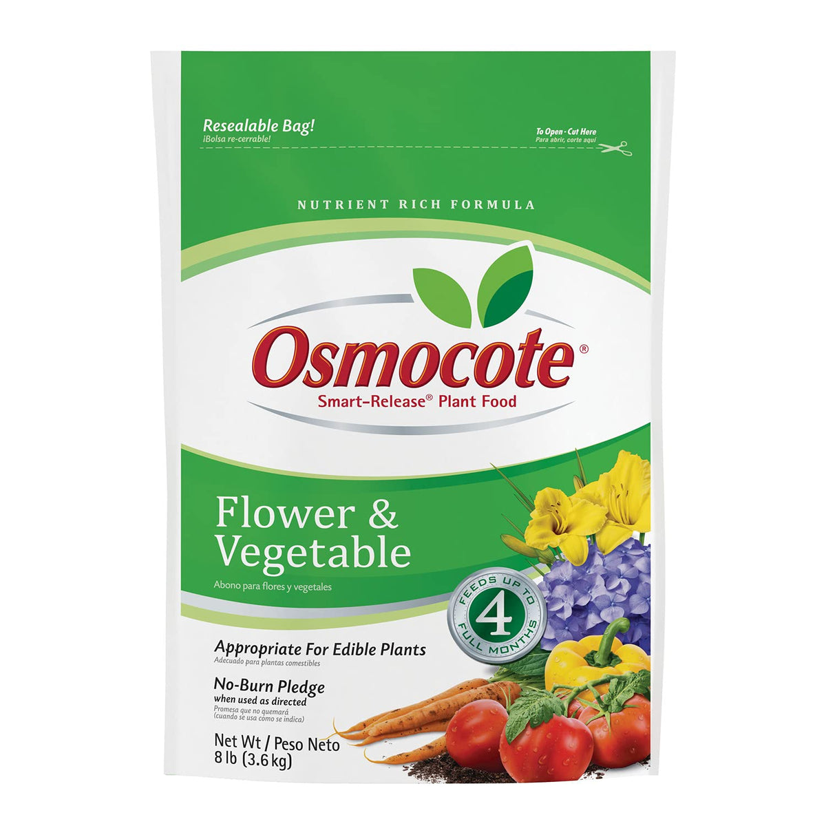 Osmocote front label on 8 lb container showing product name and coverage benefit