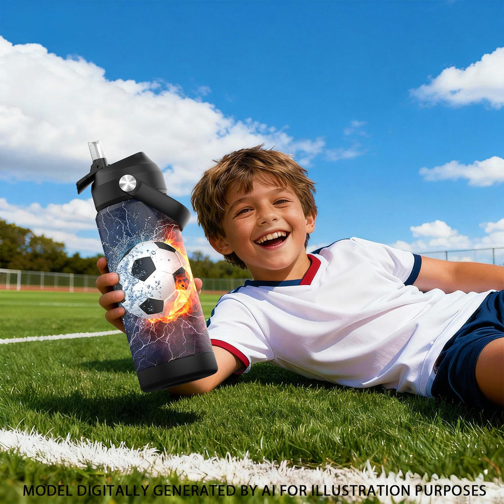 Ospivso on a soccer field beside a ball illustrating outdoor use and active durability