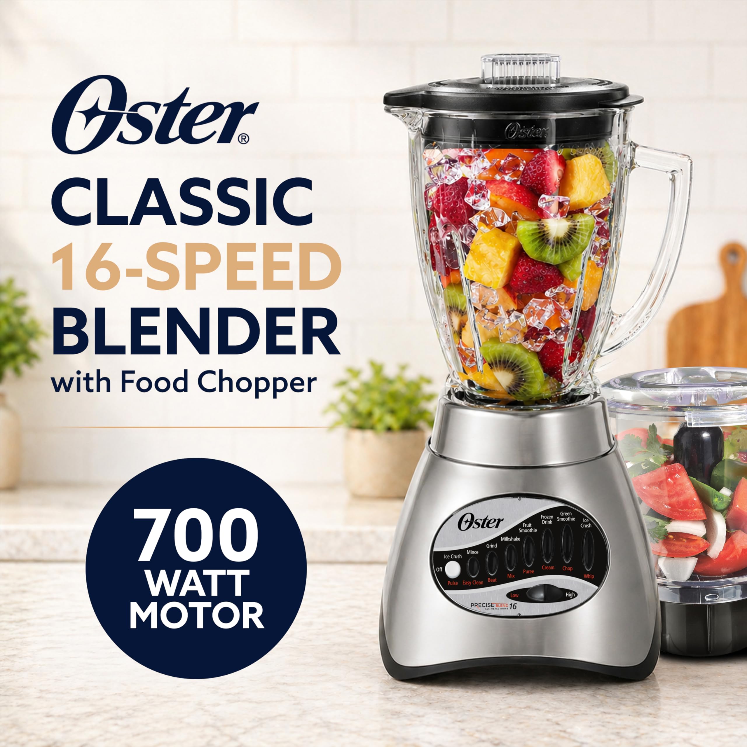 Oster 6-cup boroclass glass jar top view highlighting dishwasher-safe convenience