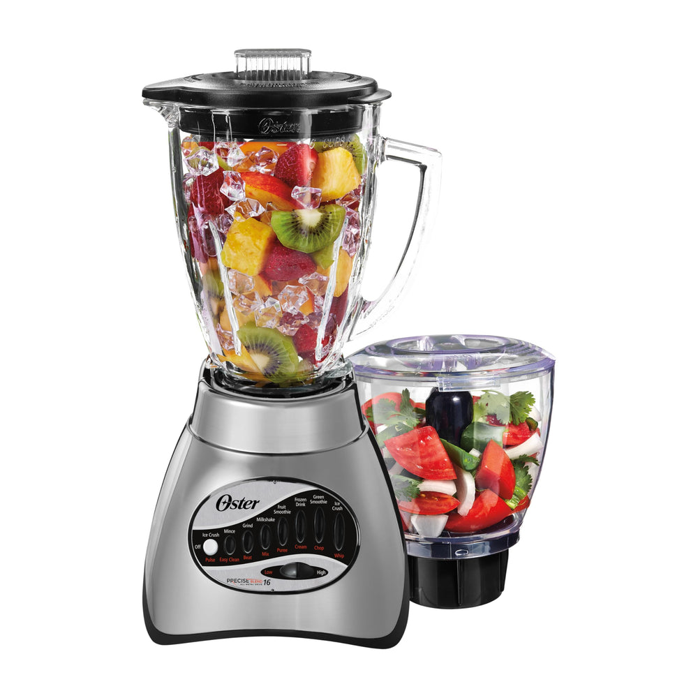 Oster blender front view in brushed nickel showing controls and durable design benefit