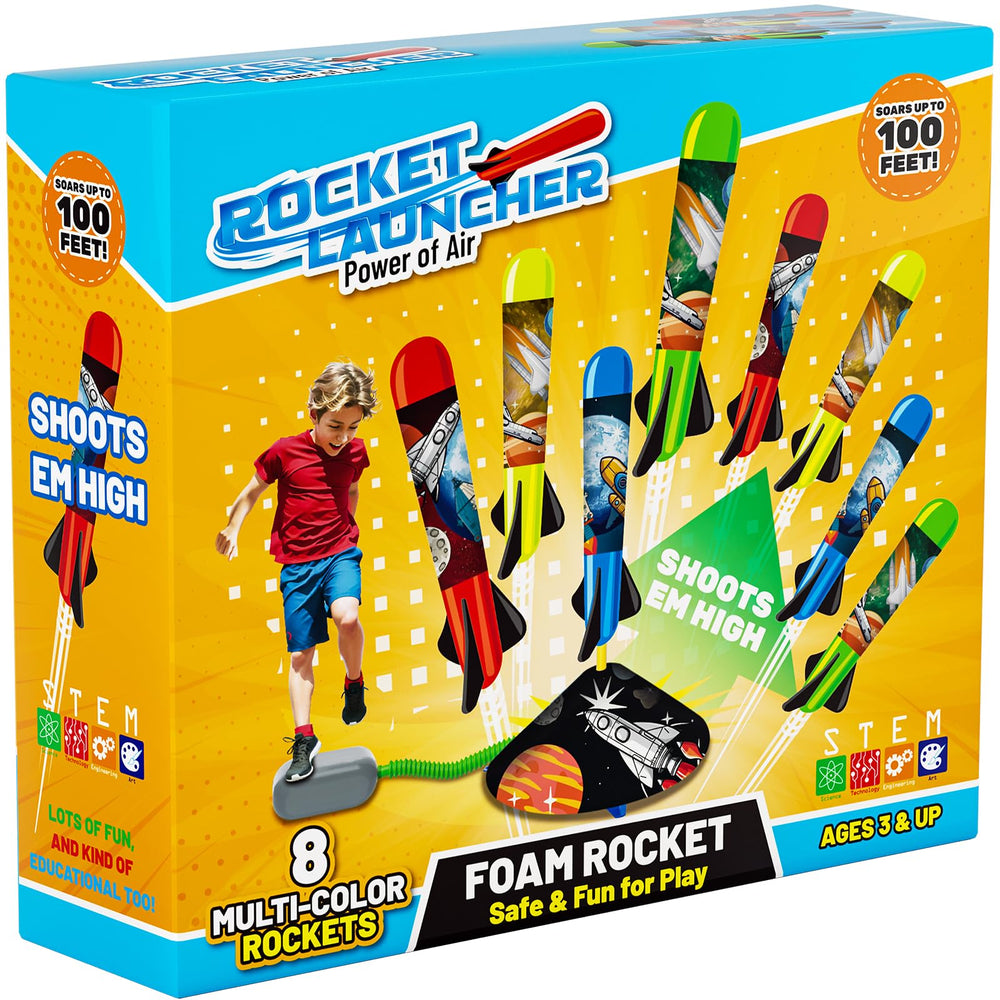 Otoseth front packaging showing complete launcher set and rockets for quick setup