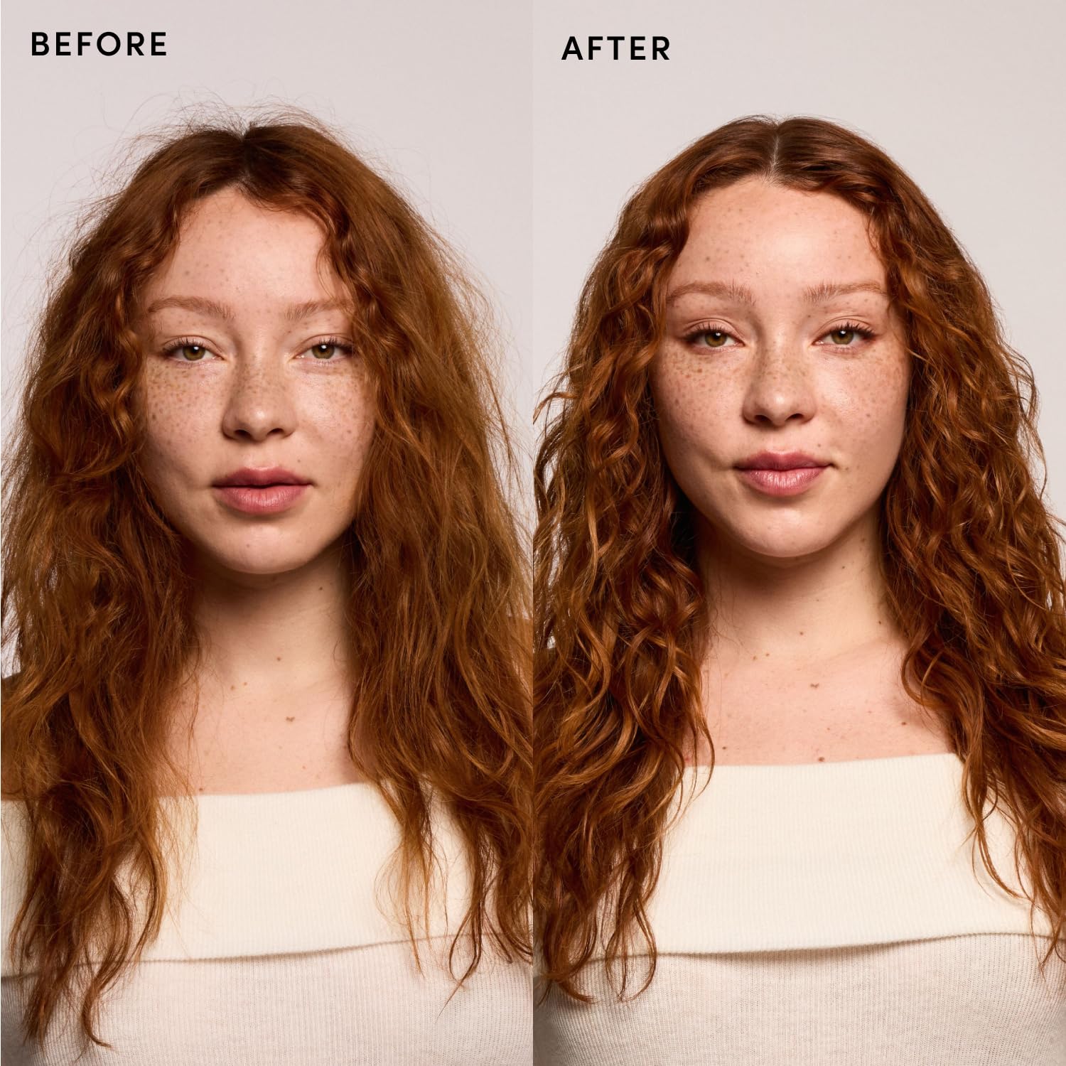 OUAI before and after image demonstrating frizz control benefit