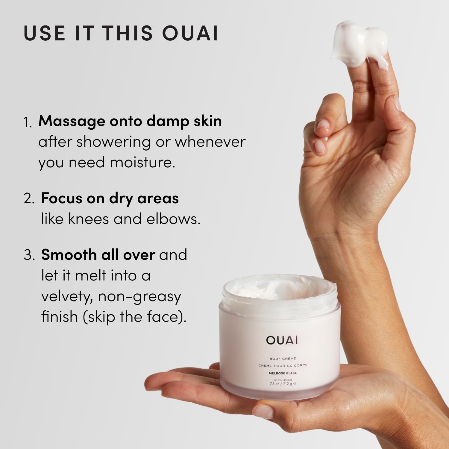 OUAI jar on bathroom shelf in lifestyle scene suggesting everyday luxury benefit