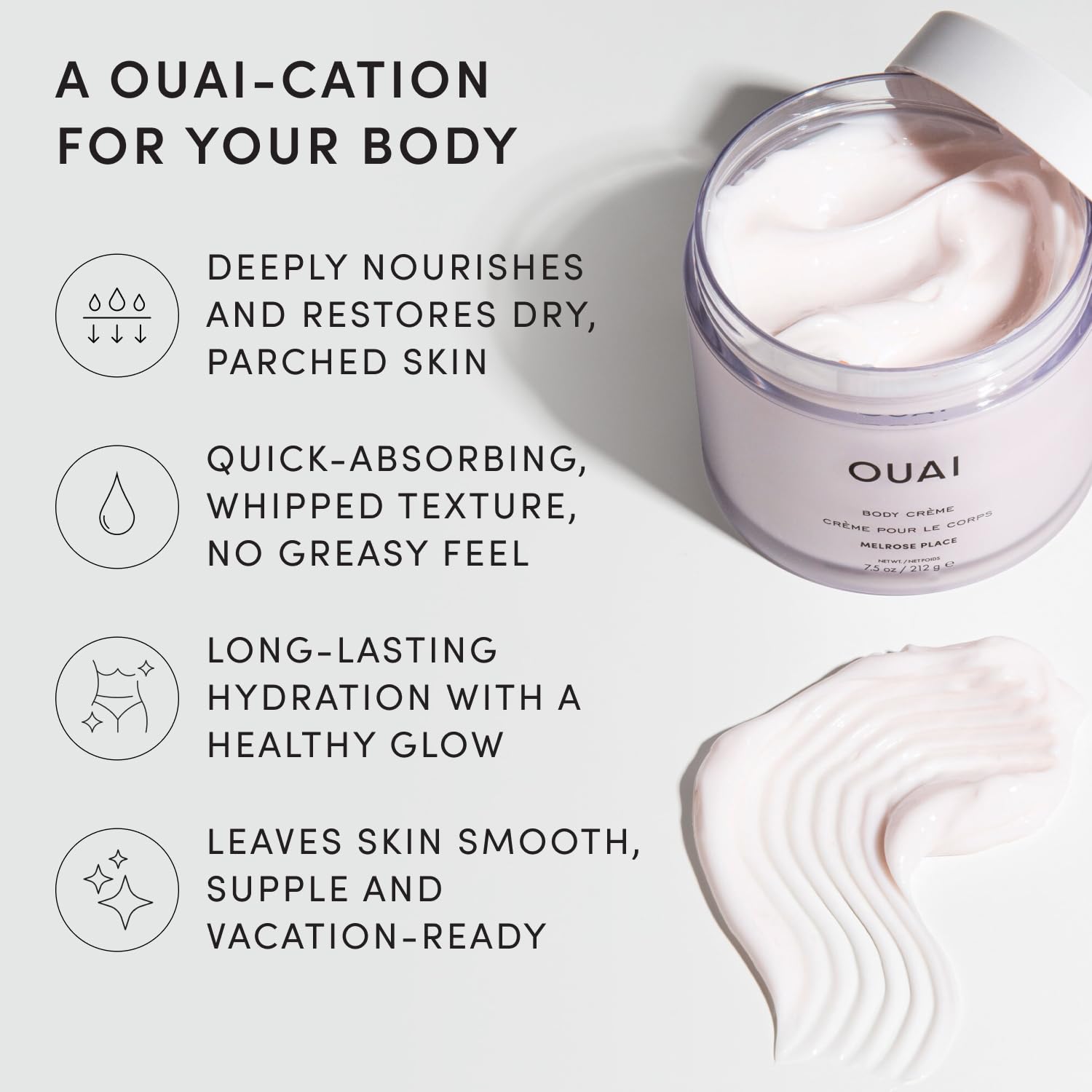 OUAI open jar top-down view showing creamy interior and spreadability benefit