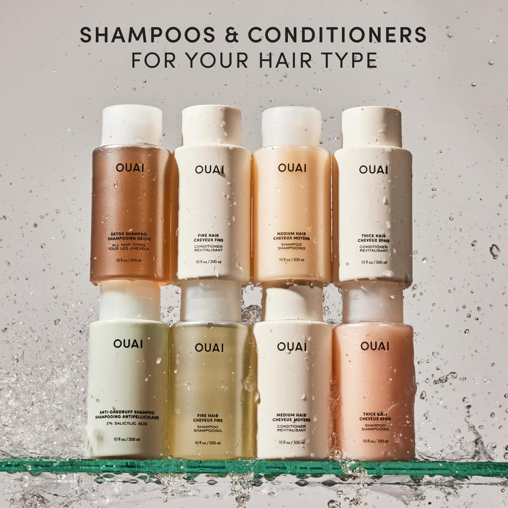 OUAI conditioner placed on bathroom shelf in lifestyle scene showing routine ease