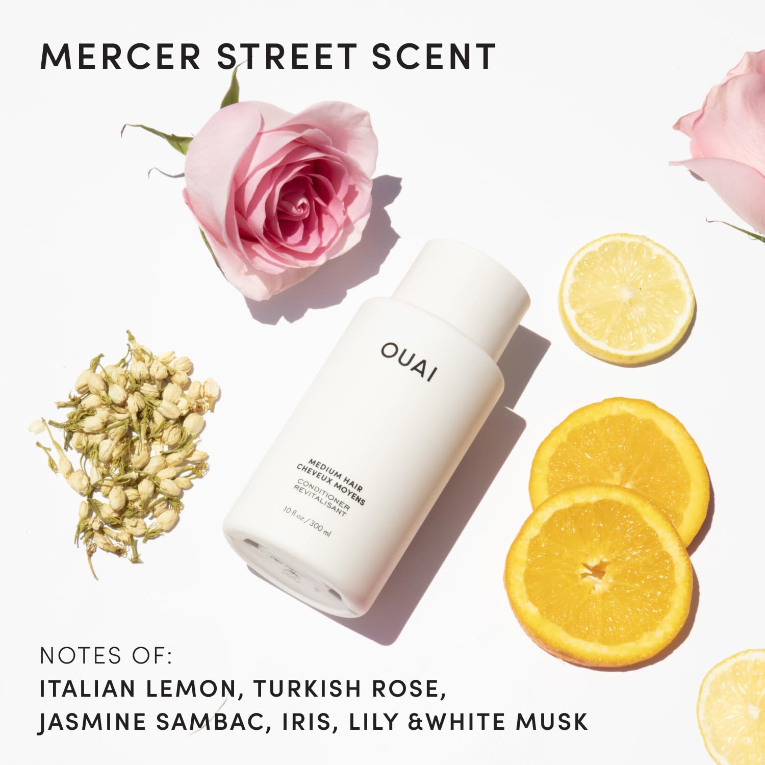 OUAI conditioner label close-up highlighting ingredient information and clarity