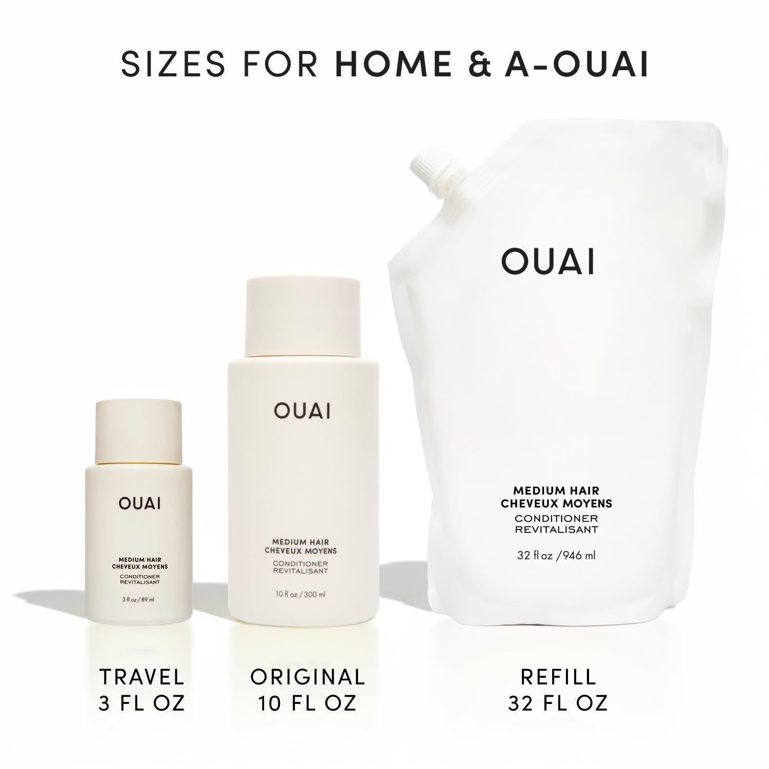 Before and after hair photos with OUAI conditioner showing reduced frizz benefit