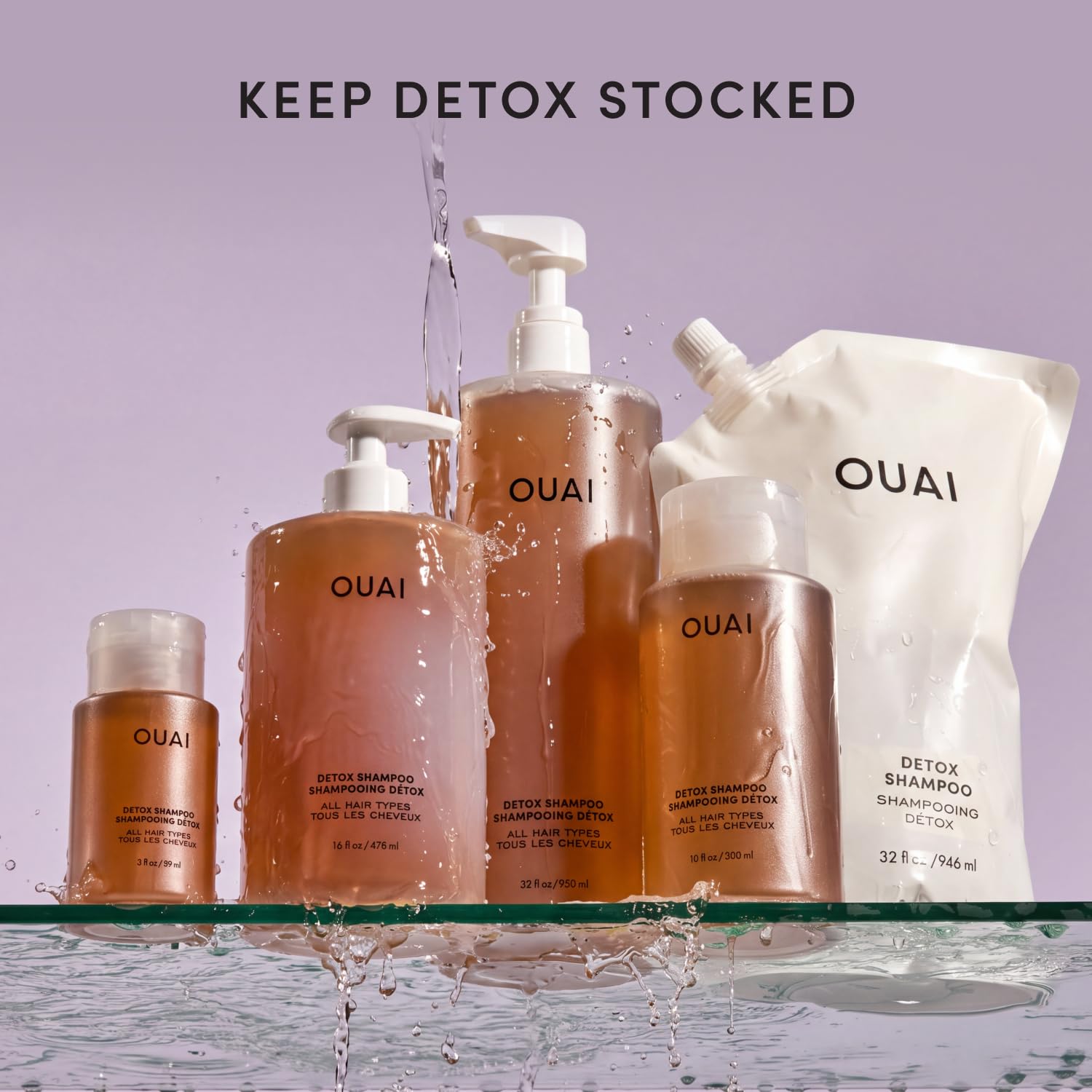 OUAI shampoo on bathroom shelf in lifestyle scene suggesting daily routine