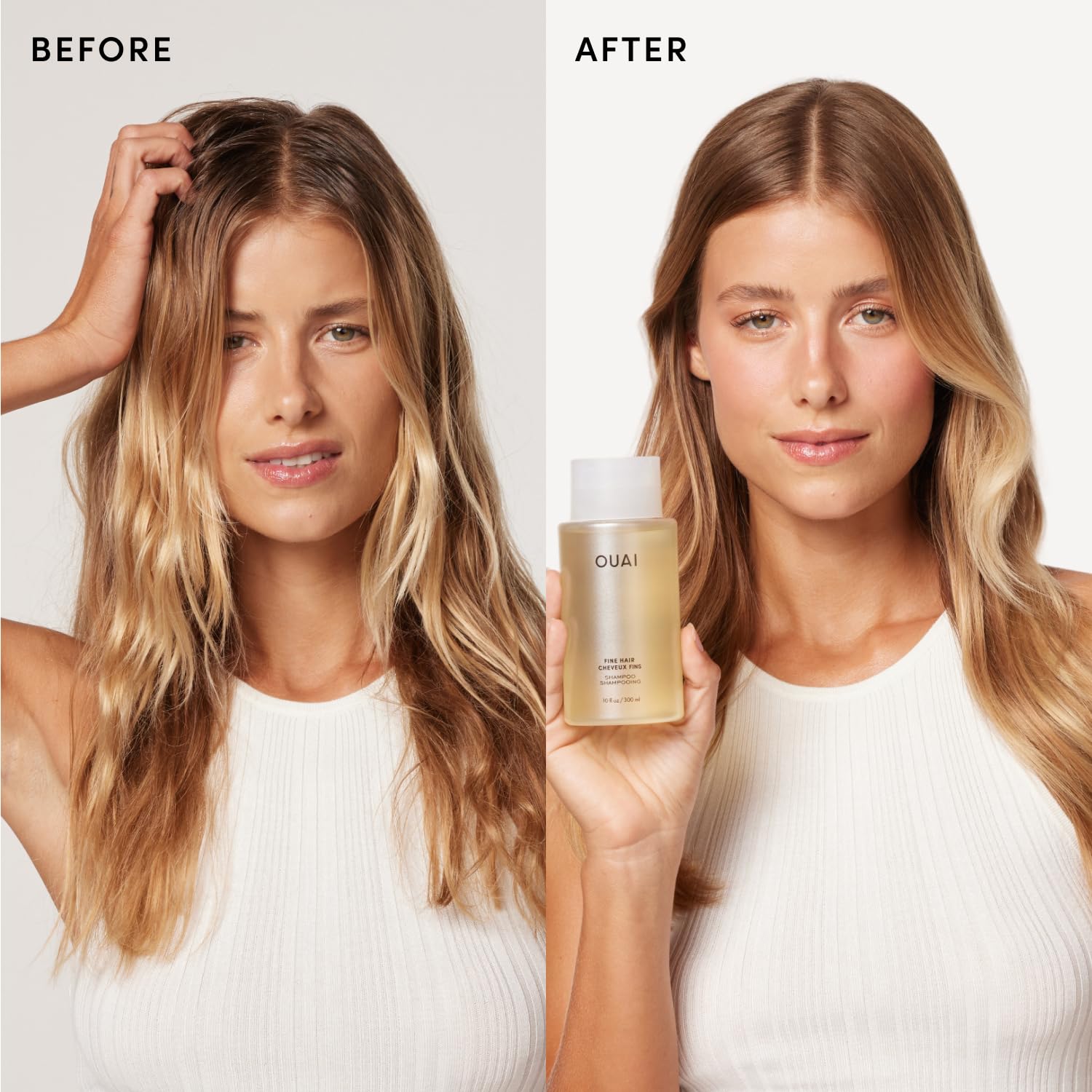 OUAI conditioner texture pouring from bottle showing lightweight moisture for fine hair