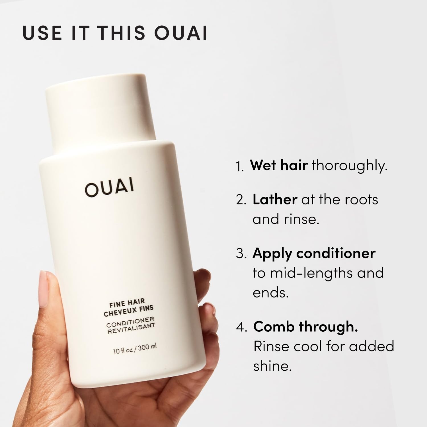 OUAI before-and-after styling on fine hair showing improved lift and fuller appearance