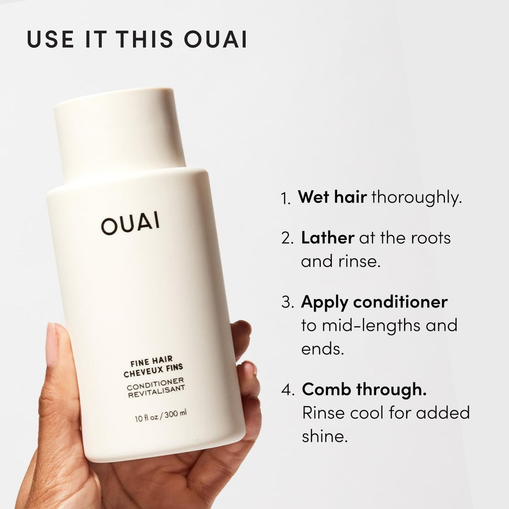 OUAI before-and-after styling on fine hair showing improved lift and fuller appearance