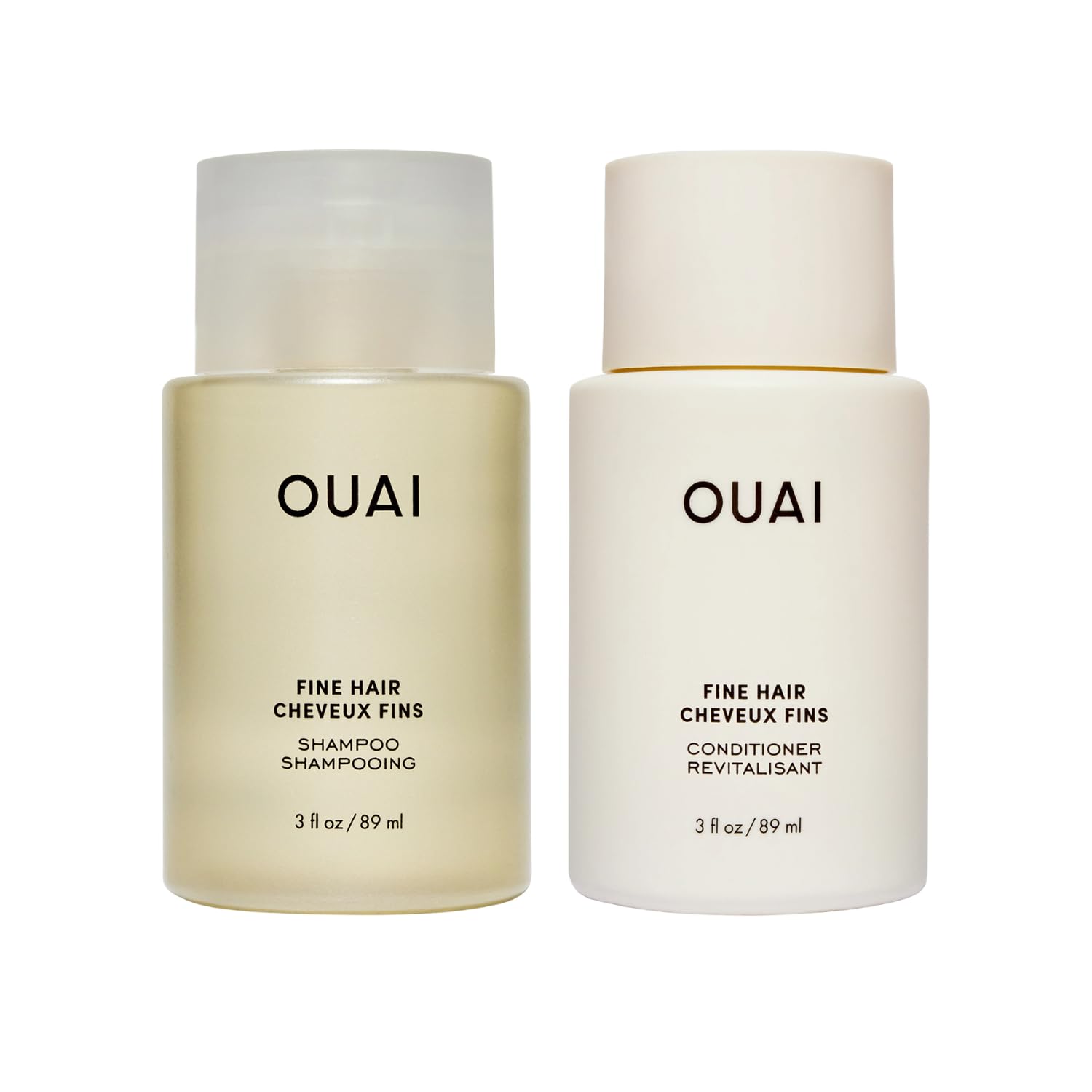 OUAI front packaging of fine shampoo and conditioner showing size and branding for travel convenience