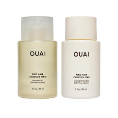 OUAI front packaging of fine shampoo and conditioner showing size and branding for travel convenience