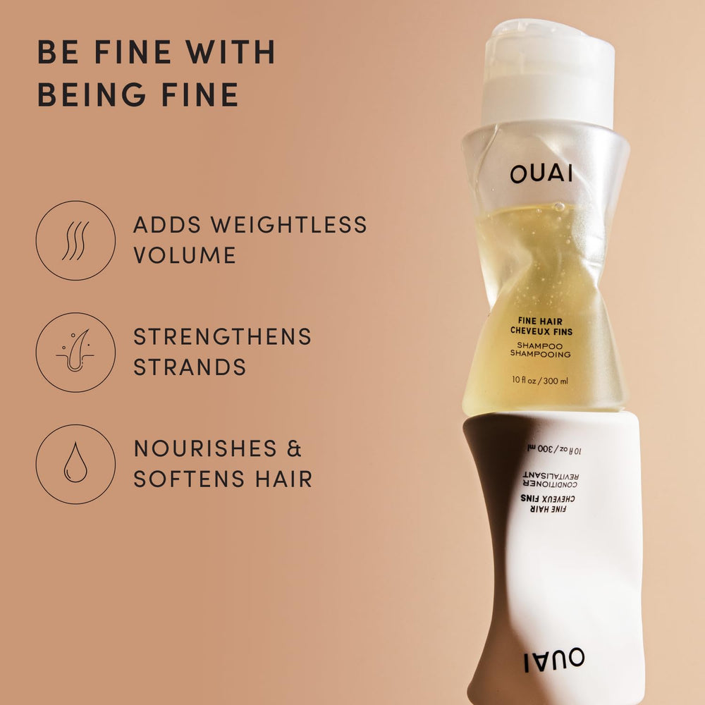 OUAI shampoo label and pump detail emphasizing clean design and easy dispensing