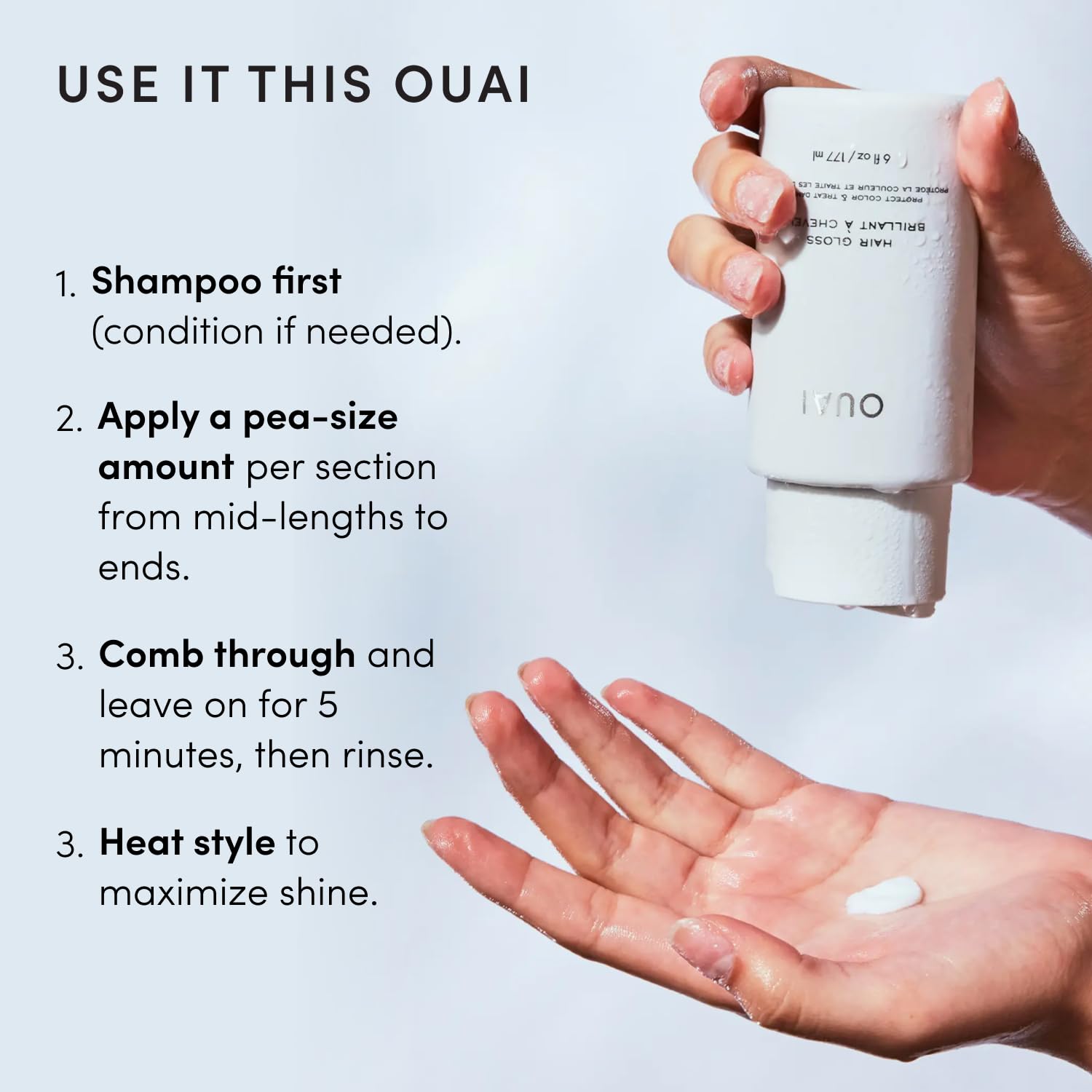 OUAI applying Hair Gloss to curly hair to boost shine and manageability benefit