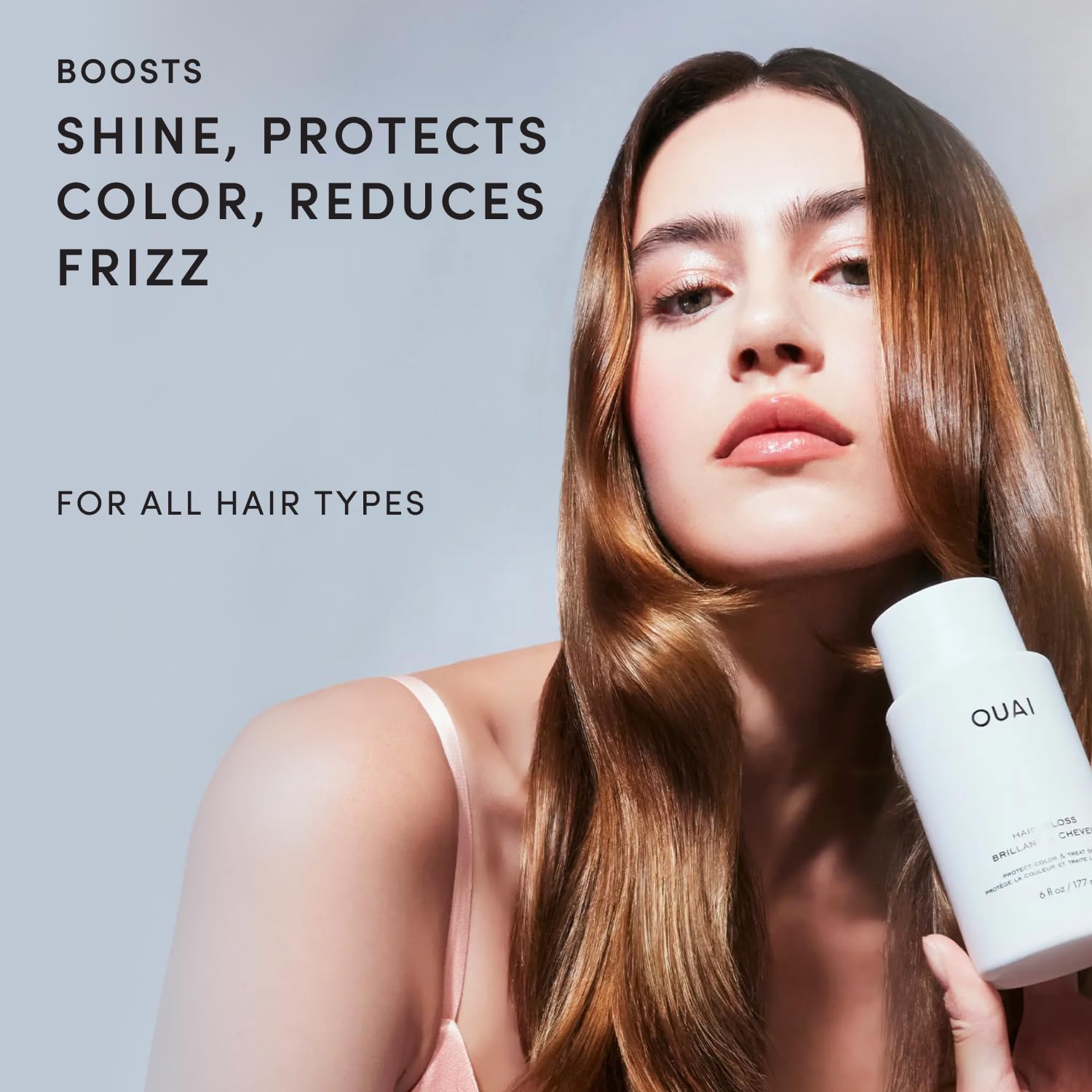 OUAI Hair Gloss texture close-up highlighting glossy formula for smooth finish