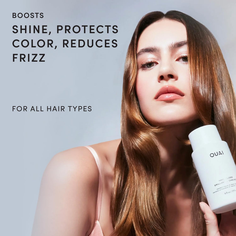 OUAI Hair Gloss texture close-up highlighting glossy formula for smooth finish