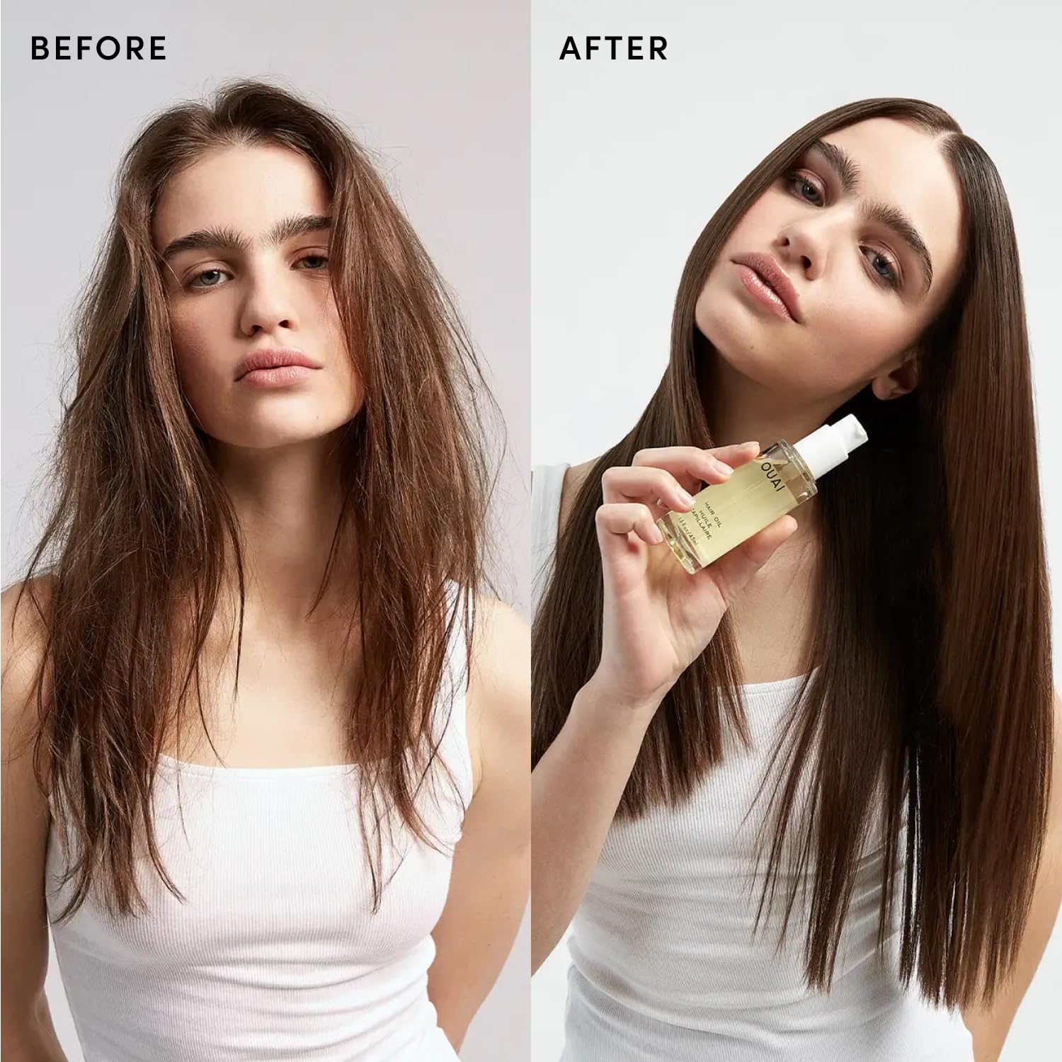 OUAI oil being applied to damp hair for styling protection benefit