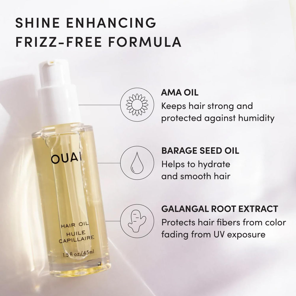 OUAI hair oil used after blow-dry creating smooth glossy finish