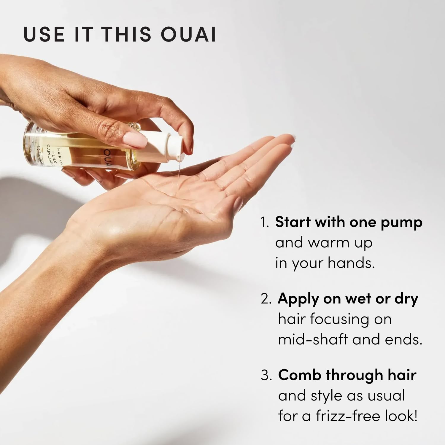 OUAI bottle beside credit card illustrating travel-size portability