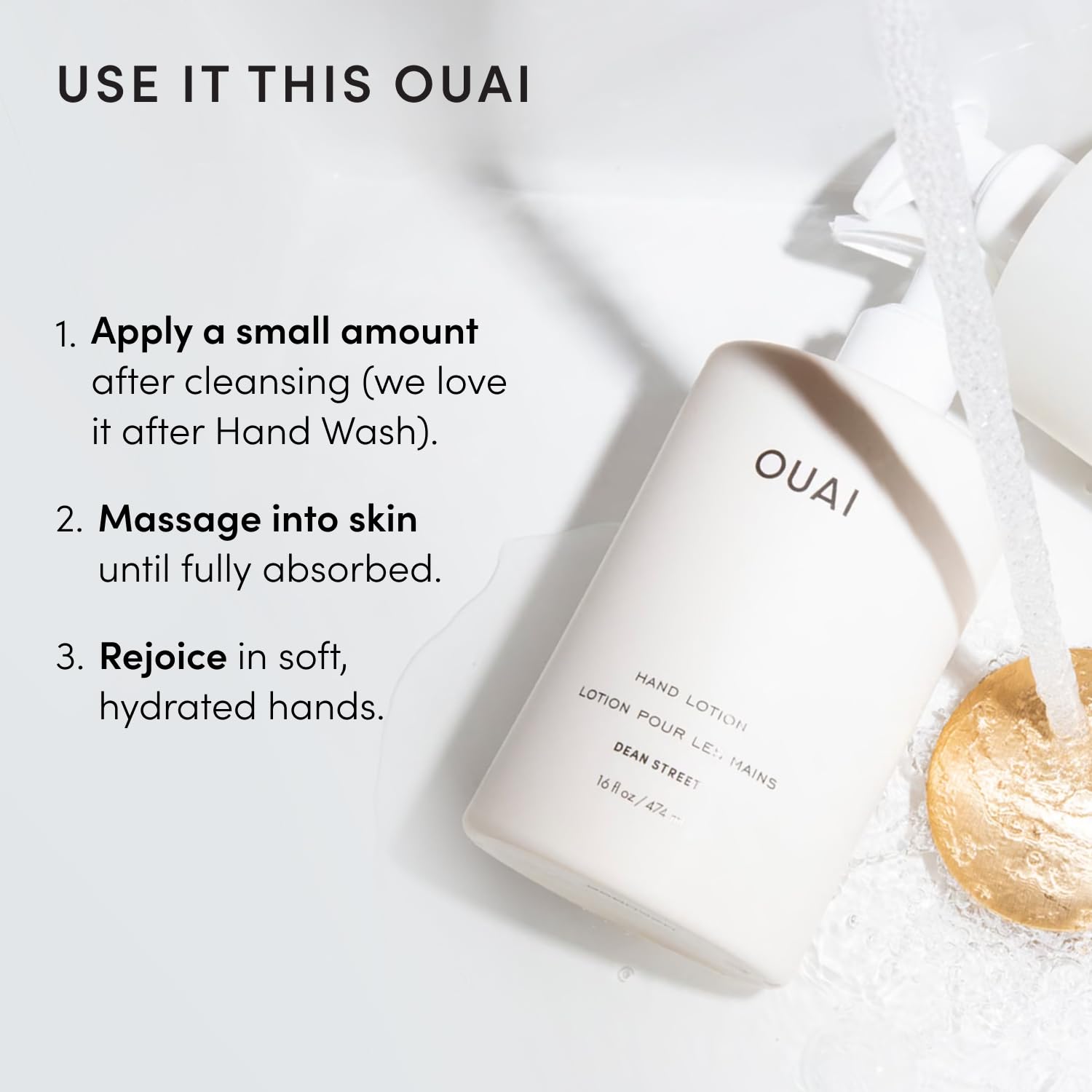 OUAI hand lotion alongside other OUAI products highlighting scent layering benefits