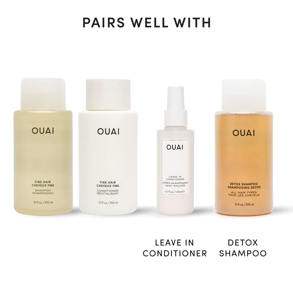 OUAI ingredient display with keratin, biotin, and chia seed oil indicating strengthening benefits