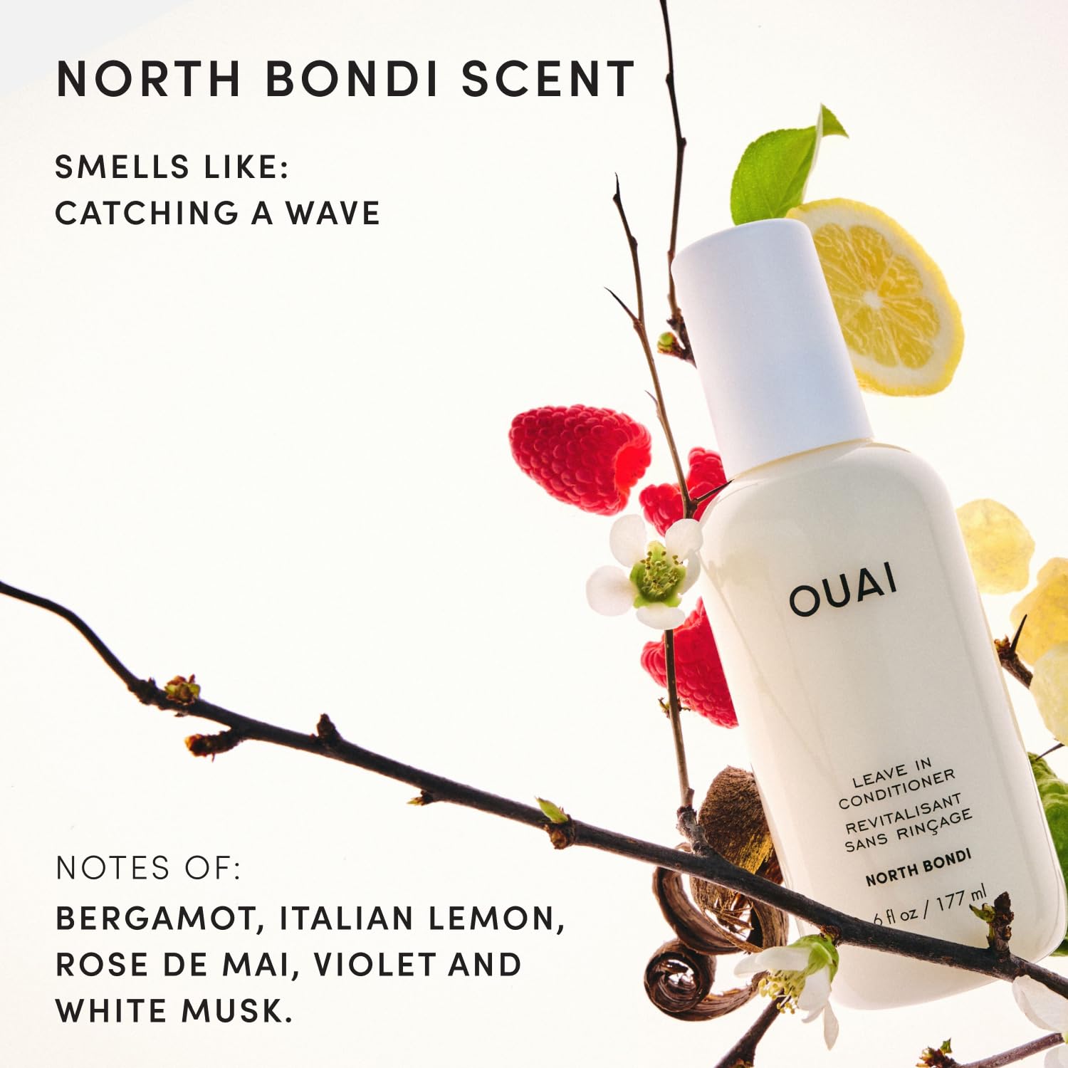 OUAI label ingredients close-up listing tamarind, panthenol, amino acids