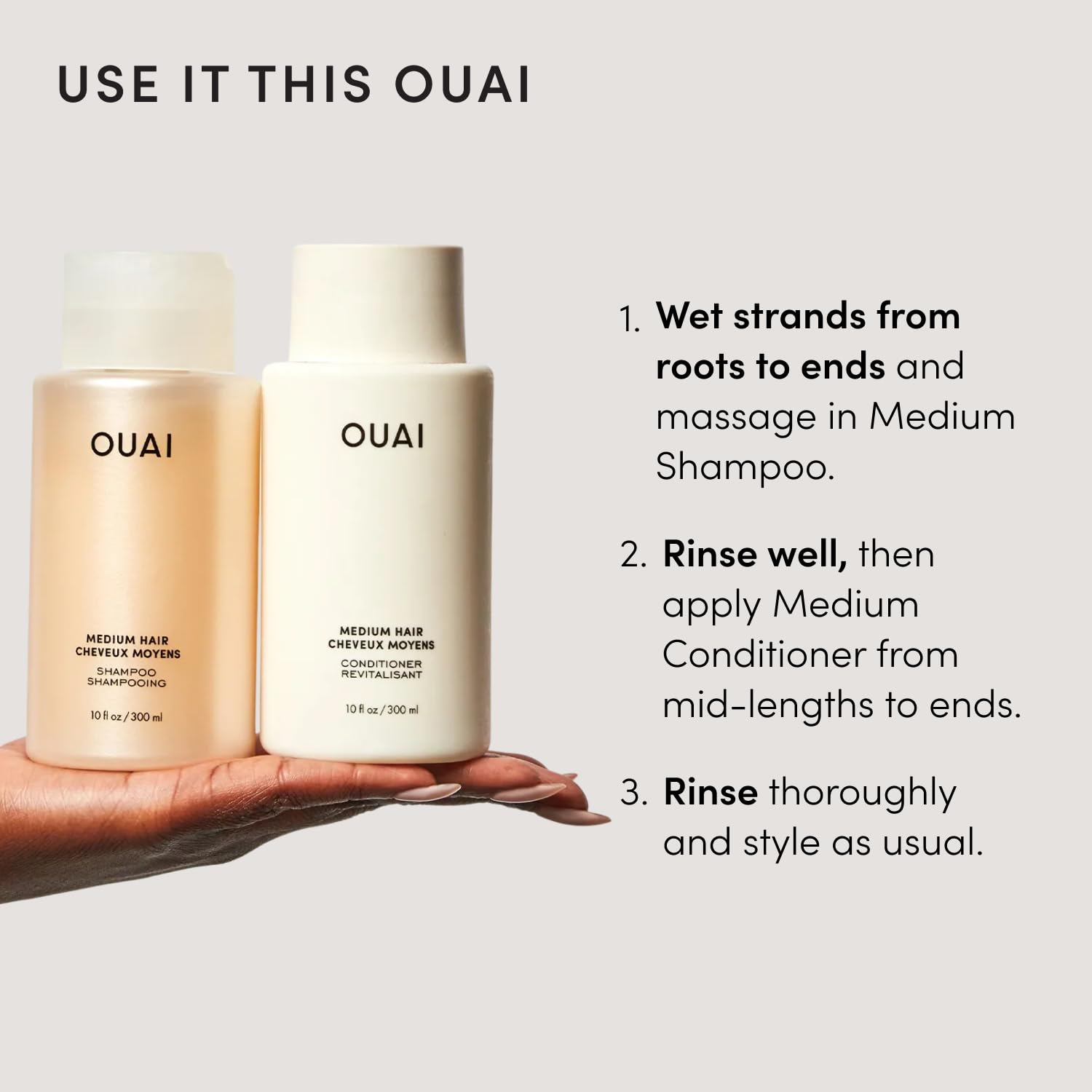 OUAI after-dry view of smooth hair showing OUAI shine and reduced frizz