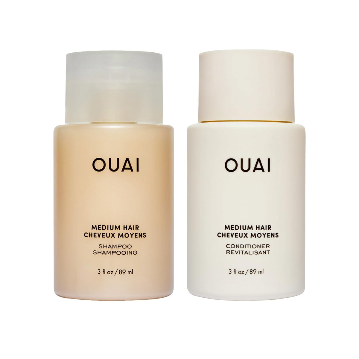 OUAI travel front packaging showing 3 oz shampoo and conditioner, perfect portability