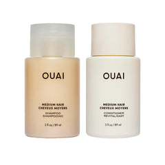 OUAI travel front packaging showing 3 oz shampoo and conditioner, perfect portability