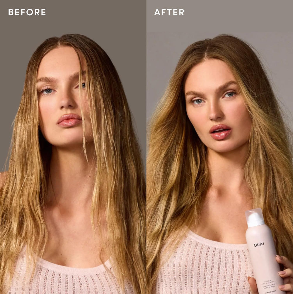 OUAI applied at roots creating visible lift and extra volume at scalp