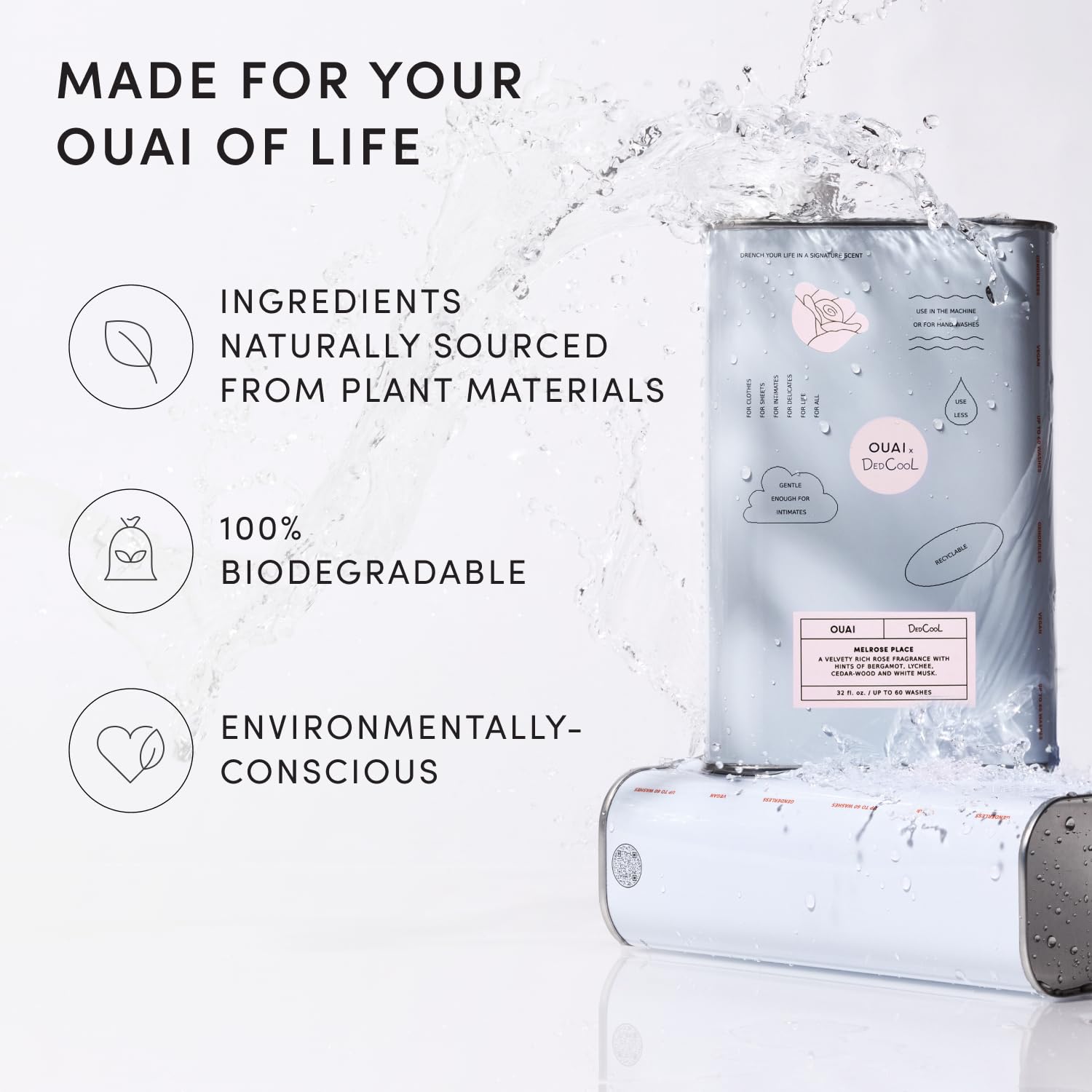 Plush sheets and towels laundered with OUAI showing softness and scent benefit