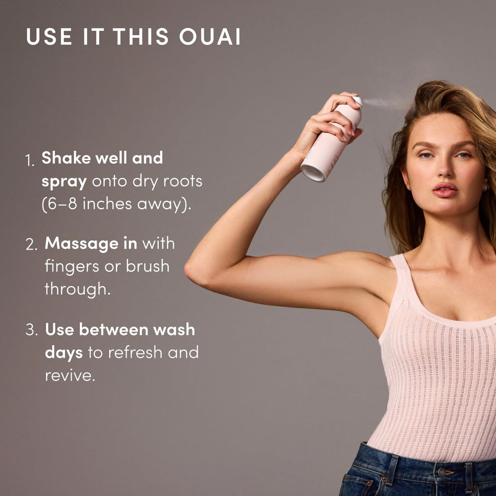 OUAI can on bathroom shelf with styling tools, promoting daily convenience